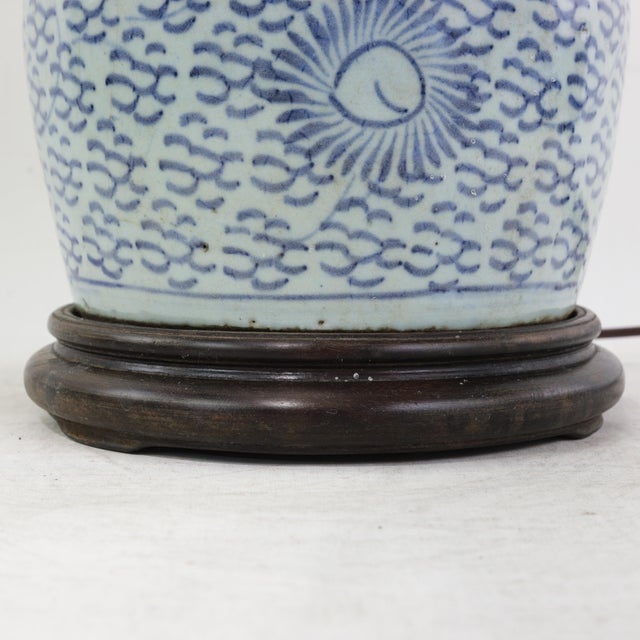 Blue and White Antique Porcelain Vase Lamp With Cobalt Scalloped Cloud Motif on Wood Base For Sale - Image 9 of 12
