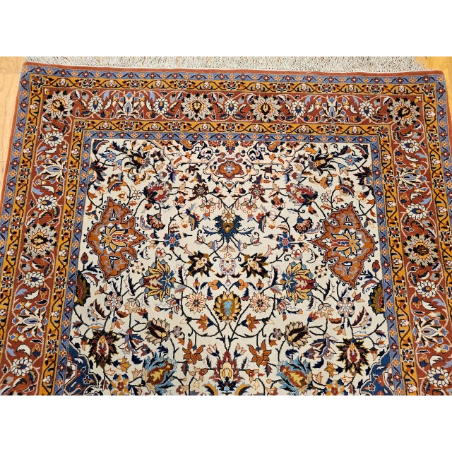 Vintage Persian Isfahan Rug, Hand-Knotted Wool & Silk, Allover Floral Pattern, Ivory & Brick-Red, 4x6 For Sale - Image 11 of 18