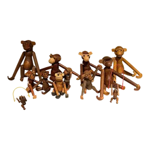 1960s Wood Toy Monkeys Kay Bojesen Era Jointed Teak & Oak Set of 12