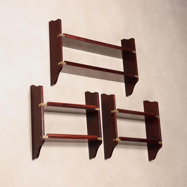 Antique Navy Style Shelves in Mahogany Veneer, Italy, 20th Century, Set of 3 For Sale - Image 9 of 9