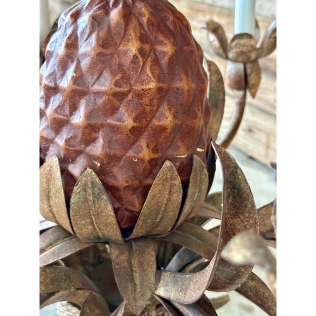 Hollywood Regency Vintage Tole Pineapple Five-Light Chandelier With Gilt Metal Leaves For Sale - Image 3 of 12