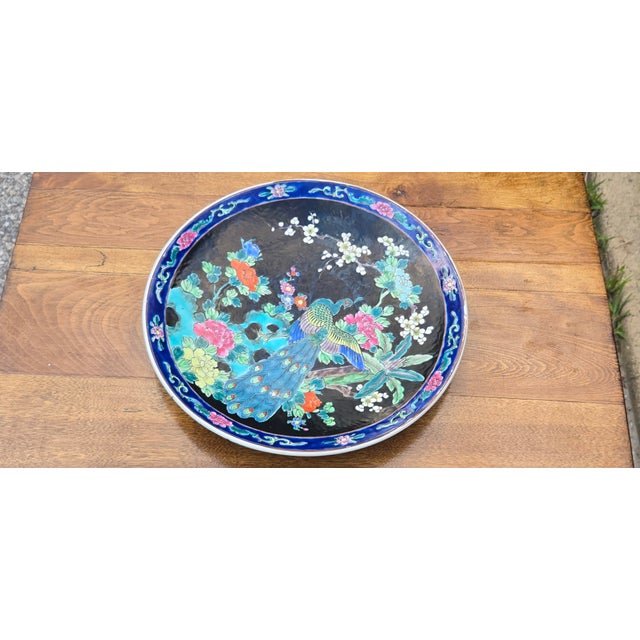 Vintage Japanese-Style Porcelain Peacock Charger Plate With Floral Motif For Sale - Image 12 of 12