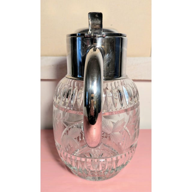 Vintage German Cut Crystal Water Pitcher Silverplate Handle d.r.g.m. For Sale - Image 4 of 12