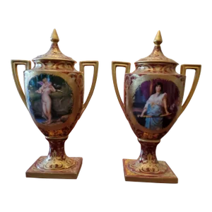 Antique Vienna Porcelain Pair Allegorical Ruby Urns