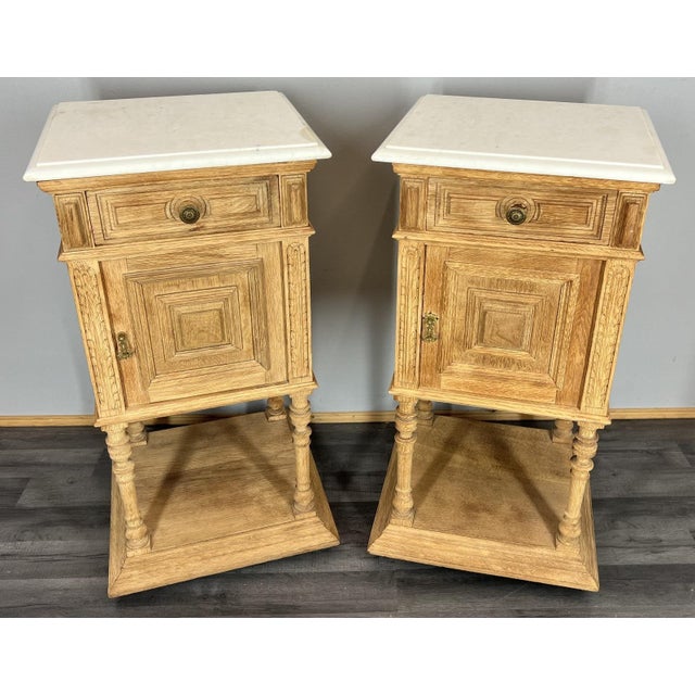 Antique French Bedside Tables in Oak with Marble Top, Set of 2 For Sale - Image 17 of 17