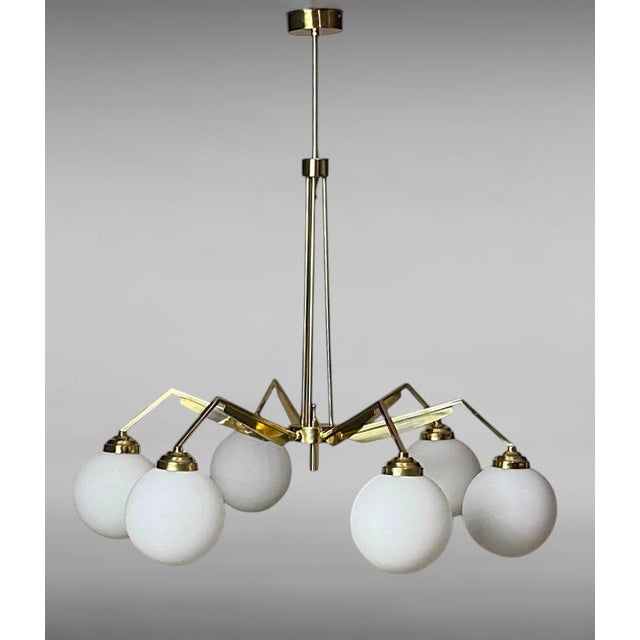 Mid-Century Modern Mid 20th Century Stilnovo Style Italian Brass Six-Light Chandelier With Opaline Glass Globes For Sale - Image 3 of 18