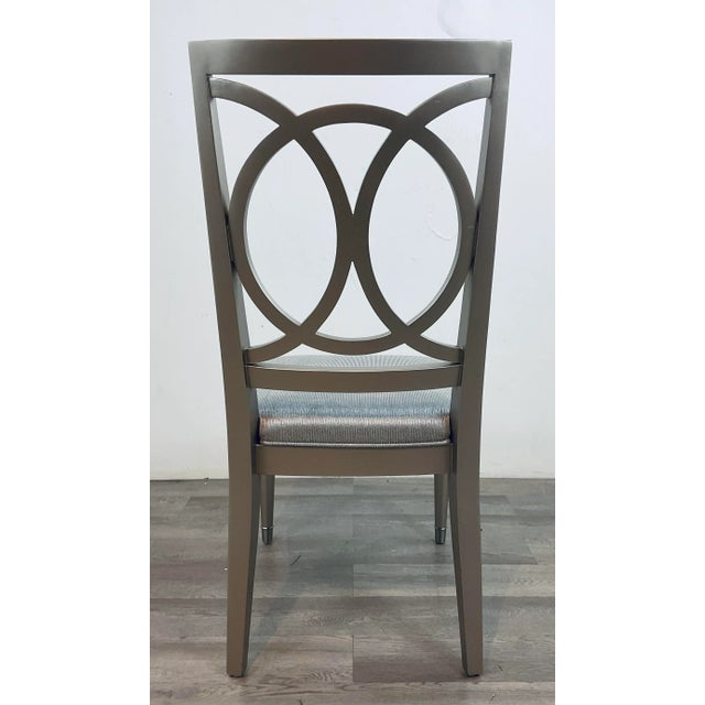 Stylish Pulaski Modern Geometric Warm Silver Dining Side Chair, gray upholstered cushion, showroom floor sample