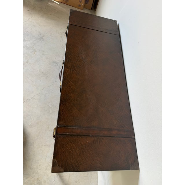 1980s Vintage Ralph Lauren Style Leather Suitcase Console Table With Brass Accents & Metal Base For Sale - Image 12 of 17