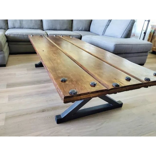 Monumental Rustic Reclaimed Coffee Table on Iron Legs For Sale - Image 4 of 11