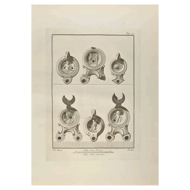 Nicola Fiorillo, Half Moon Oil Lamps with Cupid, Etching, 18th Century For Sale