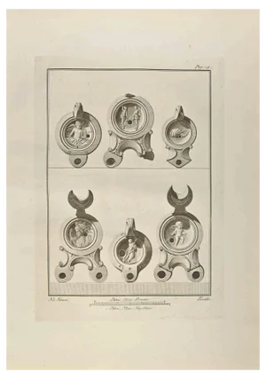 Nicola Fiorillo, Half Moon Oil Lamps with Cupid, Etching, 18th Century