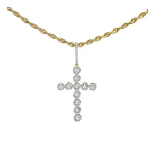 10K Yellow Gold 5/8 Cttw Miracle Set Round Diamond Circle Link Cross Men's Pendant Necklace For Sale
