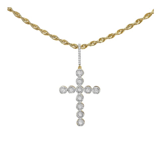 10K Yellow Gold 5/8 Cttw Miracle Set Round Diamond Circle Link Cross Men's Pendant Necklace For Sale