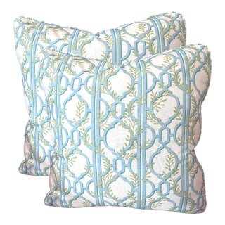 Pair of 24'' Lilian August Blue&Green Trelis Pillows For Sale