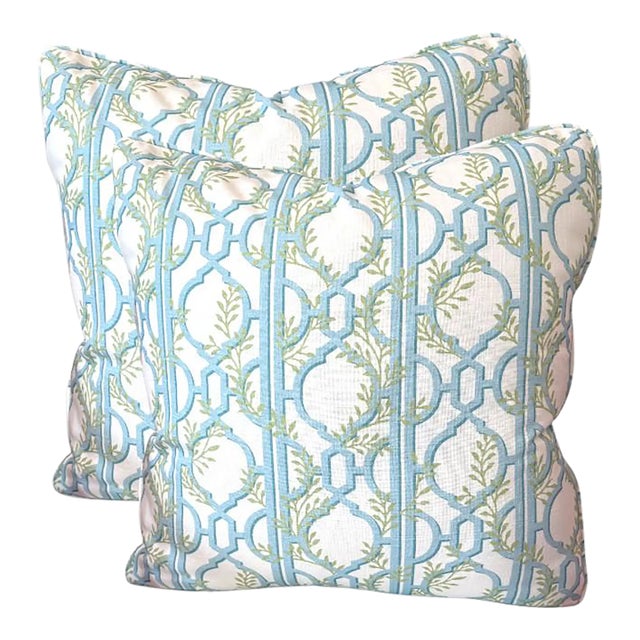Pair of 24'' Lilian August Blue&Green Trelis Pillows For Sale