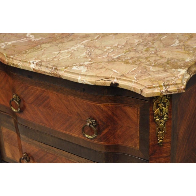 Brown Antique French Louis XV Marquetry Inlay Marble Top Bombe Nightstand For Sale - Image 8 of 12