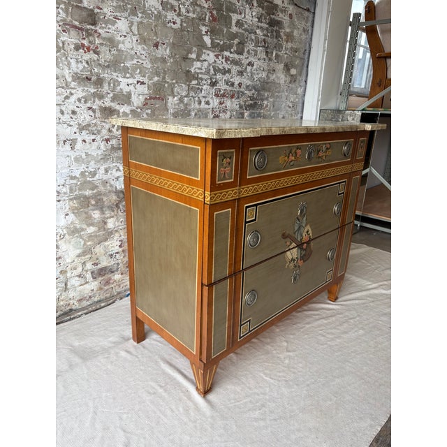 Exceptional vintage Drexel Heritage dresser featuring elegant hand-painted decoration, refined neoclassical lines, and...