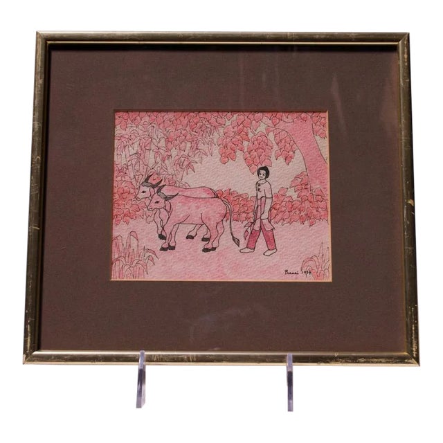 Vintage Southeastern Asian Figural Ink and Watercolor For Sale