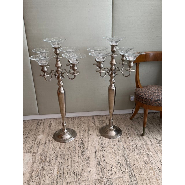 Vintage 1970s Silver Plate Candelabra With Removable Crystal Cups — 40” High For Sale - Image 12 of 13