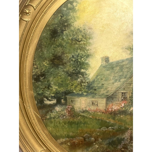 Forest Green Beautiful Garden Cottage in Original Oval Gold Frame For Sale - Image 8 of 9