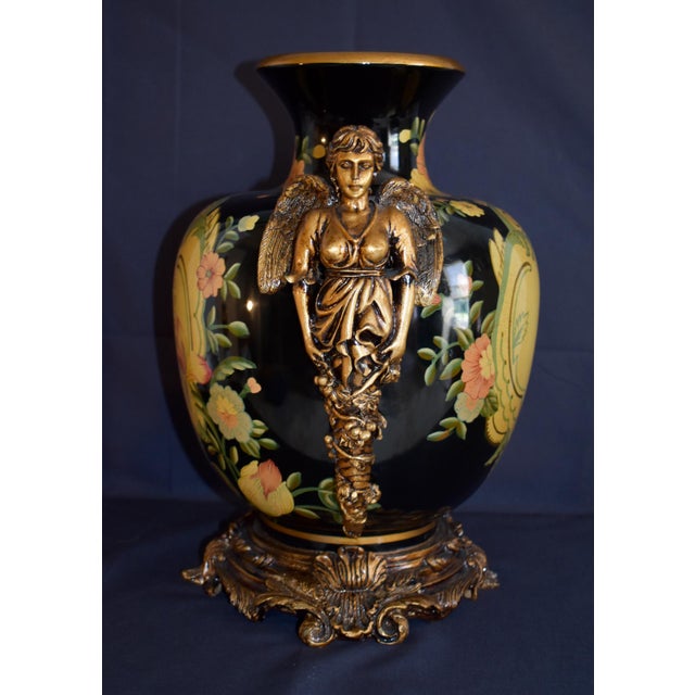 Vintage Neoclassical Ceramic Amphora Vase Lyre Floral Gilt Figural Urn 15” For Sale - Image 11 of 14