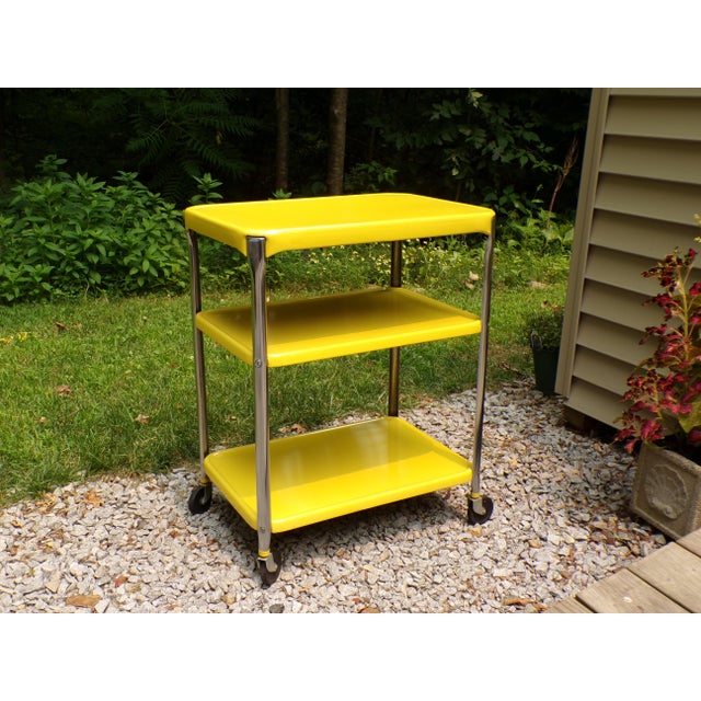 Vintage Industrial Yellow Cosco Chrome Kitchen 3 Shelf Utility Cart With Wheels For Sale - Image 17 of 18
