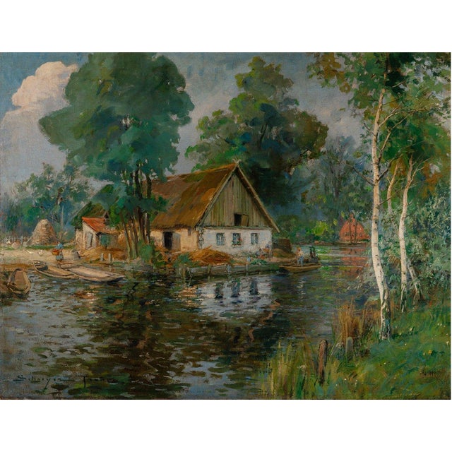 Impressionist Late 19th Century "Sonntag Im Spreewald (Kahn Bei Lübbenau) " by Franz Schreyer (1858-1938) For Sale - Image 3 of 11