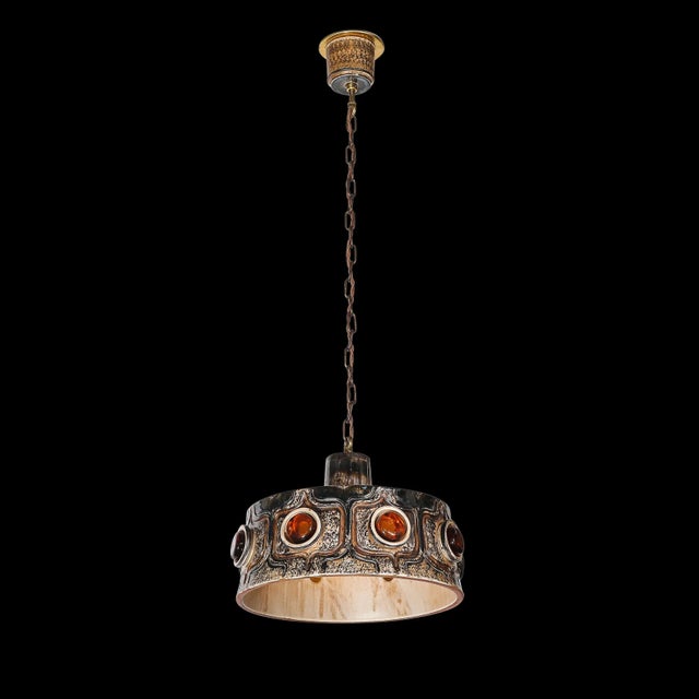 Mid-Century Modern Mid-Century Cool Umber Glazed Ceramic Pendant Chandelier With Amber Glass Detail For Sale - Image 3 of 15