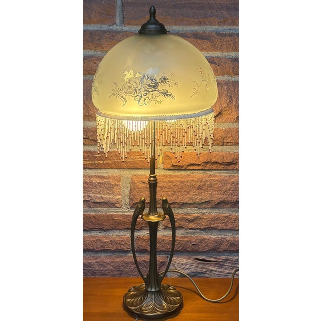 Brass 2-Light Table Lamp with Bird Figurine and Beaded Glass Shade, 1960s For Sale - Image 4 of 13