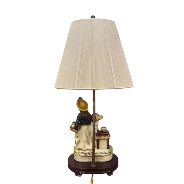 Staffordshire Antique English Staffordshire Pottery Dog & Girl / Lady Figural Lamp With Ivory Silk String Shade. For Sale - Image 4 of 9