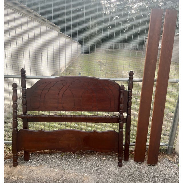 Vintage Carved Full Size Low Poster Bed Frame | Chairish