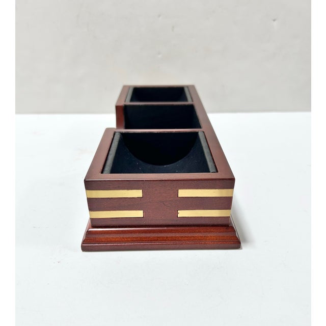 2003 Bombay Company Mahogany Desk or Dresser Valet Organizer With Brass Inlay and Faux Leather Lining For Sale - Image 10 of 10