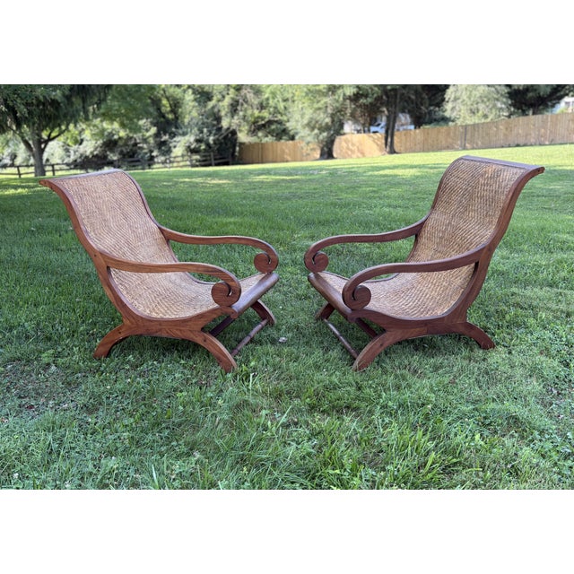 English Mid 20th Century Pair of Indonesian Teak & Cane Plantation Chairs - British Colonial/Planter's Style For Sale - Image 3 of 15