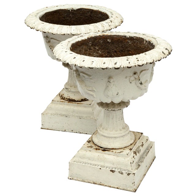 Pair of Antique Iron Pedestal Garden Urns For Sale - Image 4 of 12