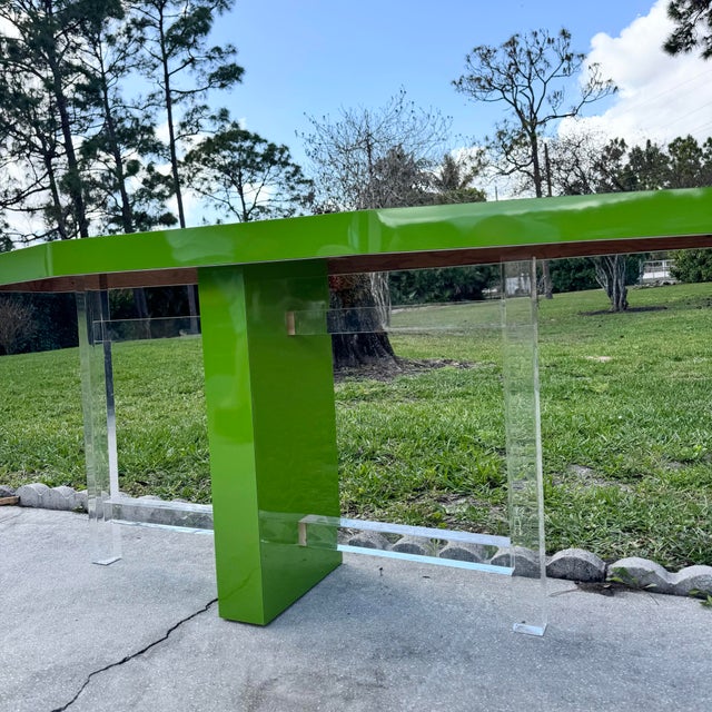 Postmodern Lime Green Lacquer Laminate and Lucite Console Table For Sale - Image 10 of 12