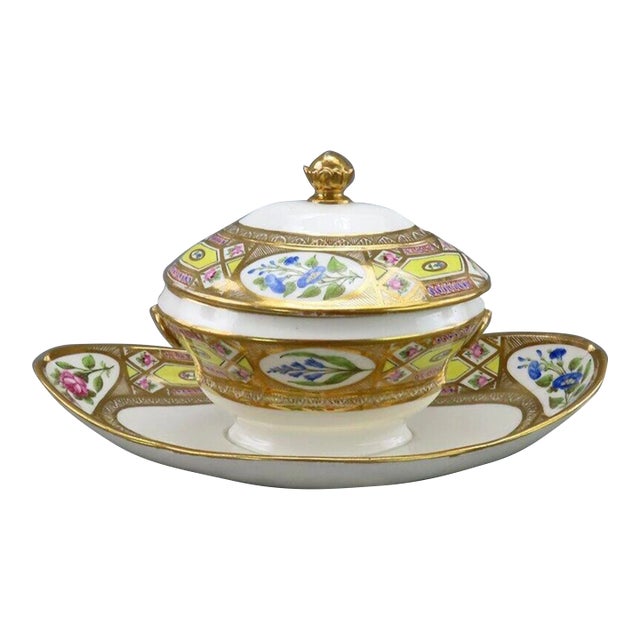 Antique Early 19th Century Paris Porcelain Church Gresley Sauce Tureen or Sugar Bowl For Sale