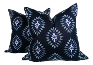 Navy and Ivory Linen Abstract Embroidered Pillow Covers, a Pair