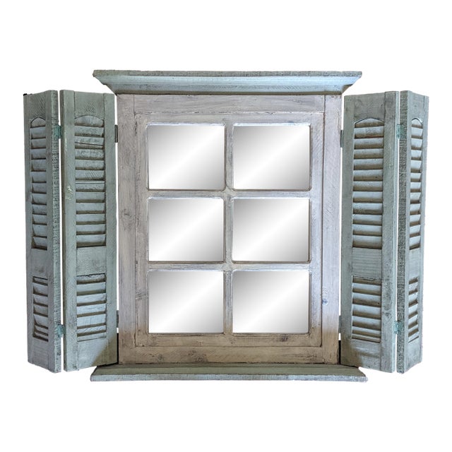 Vintage Farmhouse Style Whitewashed Wooden Window Wall Mirror With Green Shutters For Sale
