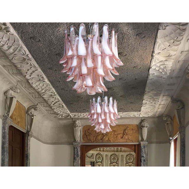 Metal Italian Pink Petal Murano Chandeliers, Set of 2 For Sale - Image 7 of 17
