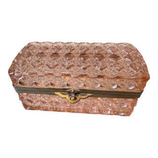 Large Antique Continental Pink Pressed Glass Jewelry Casket With Brass Mounts For Sale