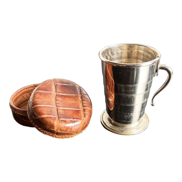 Vintage C.1910's Silver Plate Collapsible Shot Glass or Cup W/ Alligator Leather Case For Sale