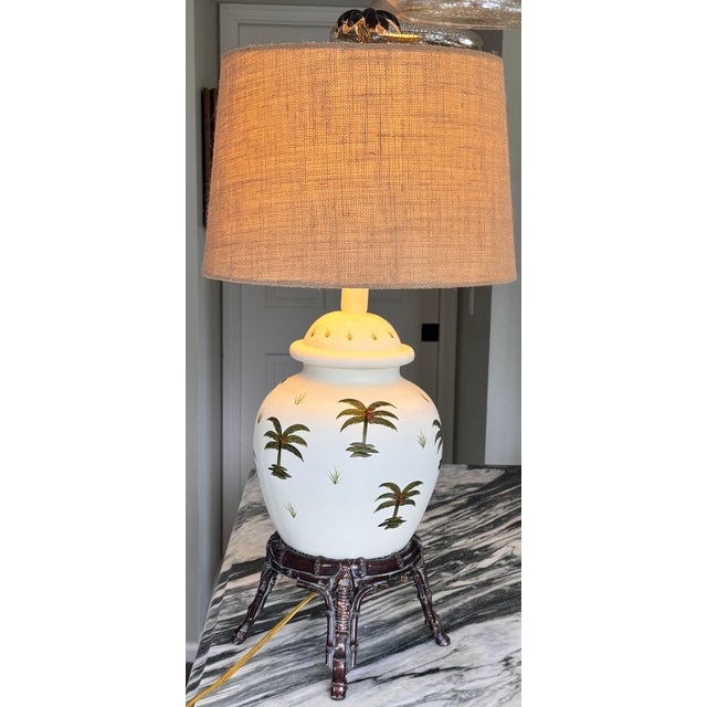 Green Vintage Ginger Jar Palm Tree Motif Table Lamp For Sale - Image 8 of 18