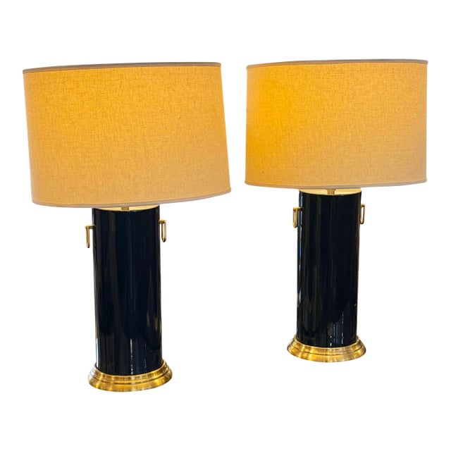 Pottery Barn Navy Ceramic + Brass Table Lamps, Pair For Sale