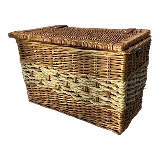 Vintage French Wicker & Jute Weave Storage Chest Style Basket With Lid For Sale