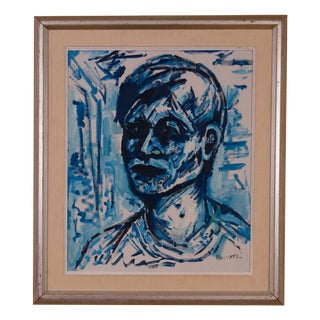 Erik Heinertz, Blue Expressionist Portrait, 1960s, Oil on Canvas For Sale