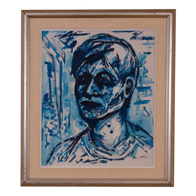 Erik Heinertz, Blue Expressionist Portrait, 1960s, Oil on Canvas For Sale