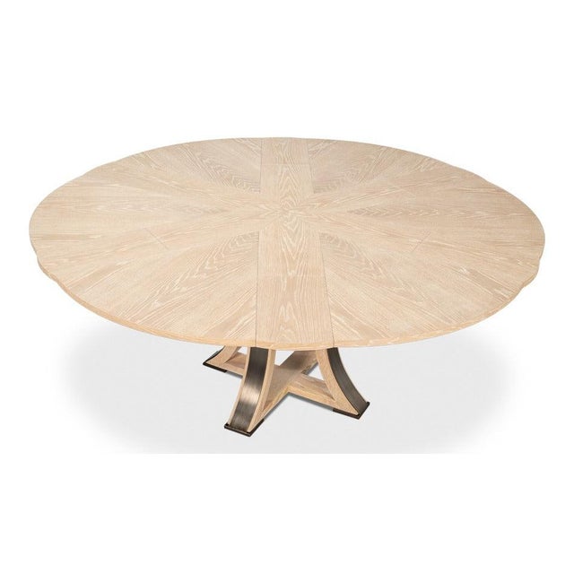 Industrial Transitional Round Dining Table, Medium – Bleached Oak With Hammered Iron Accents For Sale - Image 3 of 11