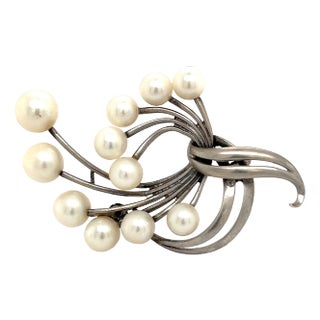 1990s Mikimoto Estate Akoya Pearl XL Spray Brooch Sterling Silver For Sale