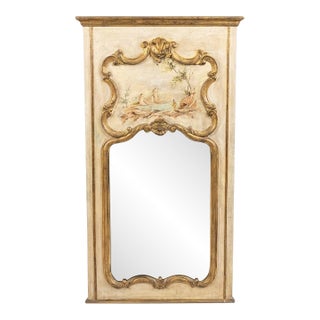 Vintage French Neoclassical Style Trumeau Mirror With Hand-Painted Pastoral Scene For Sale