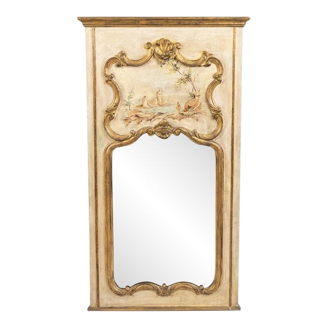 Vintage French Neoclassical Style Trumeau Mirror With Hand-Painted Pastoral Scene For Sale